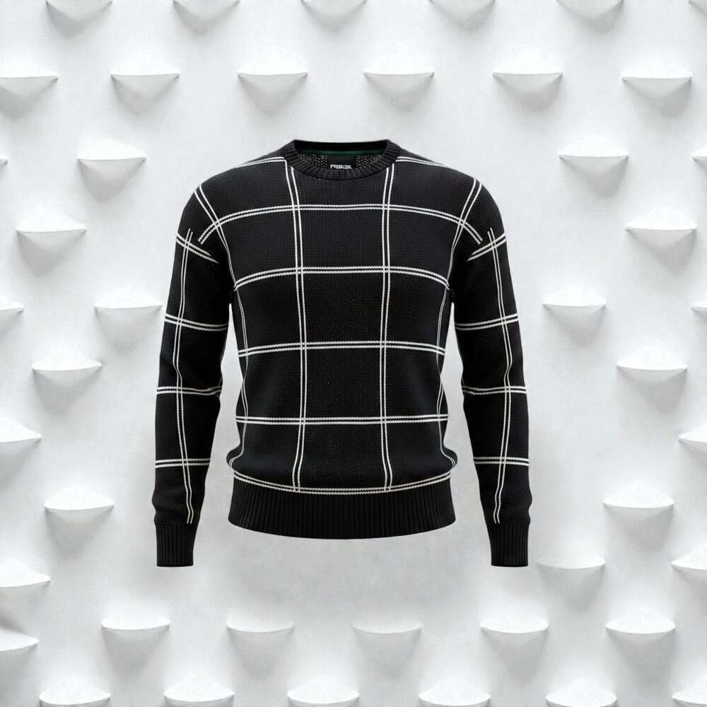 RSQ Men's Black and White Grid Pattern Crewneck Sweater Size Medium